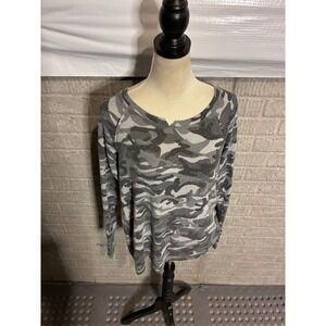 Michael Stars Womens Grey Camo Print Notched V-Neck Raglan Long Sleeve Top Small